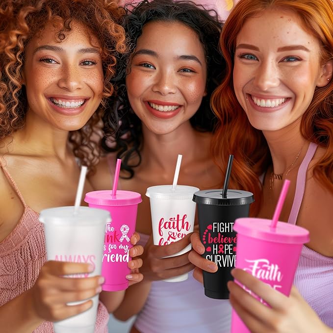 Willinglong 60 Pack Breast Cancer Awareness Gifts Plastic Cups with Lids and Straws 24oz October Pink Ribbon Tumblers in 12 Designs Party Favor Supplies for Women Events Fundraisers Office