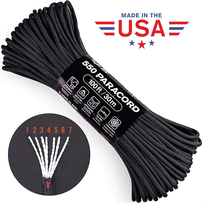 Atwood Rope MFG 550 Paracord 100 Feet 7-Strand Core Nylon Parachute Cord Outside Survival Gear Made in USA | Lanyards, Bracelets, Handle Wraps, Keychain (Abyss)