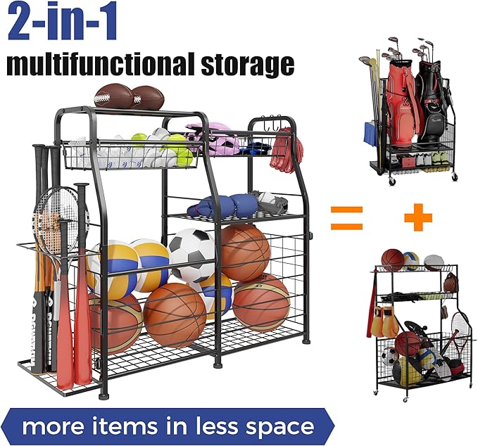 Garage Sports Equipment Organizer with Wheels - Ball Storage Rack with Elastic Rope or Wire Mesh,Garage Organizer System,Indoor/Outdoor Sports Rack for Sports Gear and Toys Storage,Black