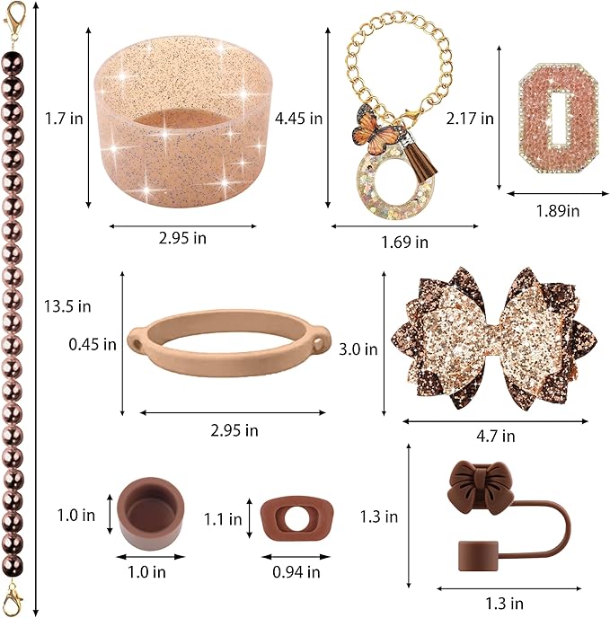 9PCS Brown for Stanley Cup Accessories Set Bling Initials Bow Charms for Stanley Decorations 30/40 Oz Tumbler Accessories Including Bow Straw Topper, Handle Strap, Spill Stopper（Letter O）