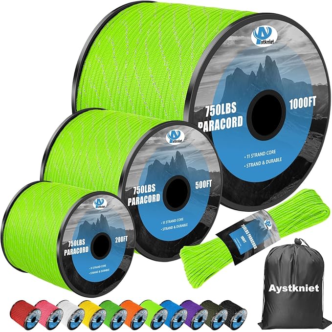 750Ib Reflective Paracord Rope,100' 200' 500' 1000', 4mm 11 Strand Parachute Spool Cord with Collecting Bag, para Cord Lanyard for Hammock, Camping