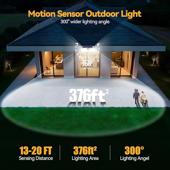 TECKNET 416 LED Solar Powered Outdoor Lights, 270° Angle & 3 Lighting Modes Motion Sensor Light Outdoor, Security Solar Lights Waterproof - 4 Pack, White, Cold Light