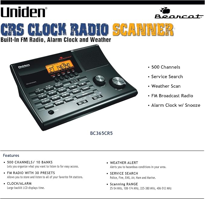 Uniden BC365CRS 500 Channel Scanner and Alarm Clock, Snooze, FM Radio, Weather Alerts, Search Bands used for Aviation, Railroad, Marine, Non-Digital Police/Fire/Public Safety transmissions and more