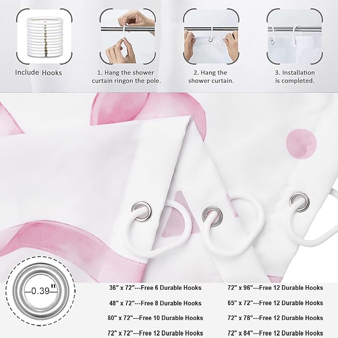 Pink Bow Shower Curtain, Pink and White Modern Aesthetic Bowknot with Polka Dot Cute Girly Bathroom Curtain Waterproof Fabric Machine Washable with Hooks, 72" Wx78 L