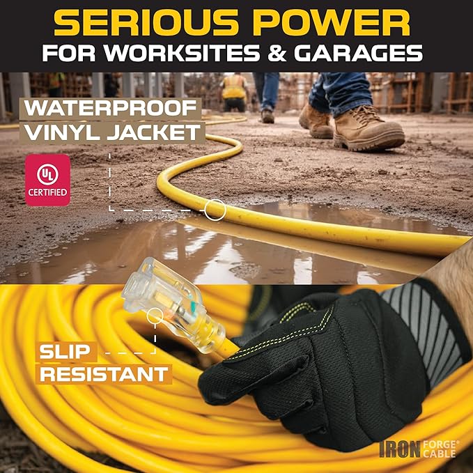 Iron Forge Cable 75 Foot Lighted Outdoor Extension Cord - 12/3 SJTW Heavy Duty Yellow Extension Cable with 3 Prong 15 AMP Grounded Plug for Safety