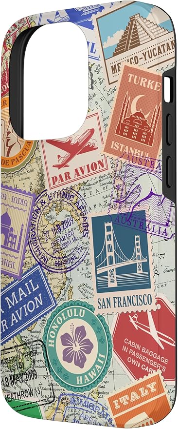 World Map Travel Passport Stamps Postage Stamp Case for iPhone 14 Pro