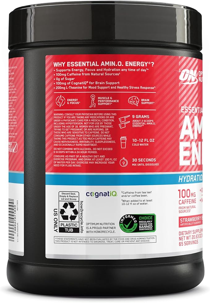 Optimum Nutrition Amino Energy Powder Plus Focus, with BCAA, Electrolytes, and Caffeine, Strawberry Burst, 65 Servings (Packaging May Vary)