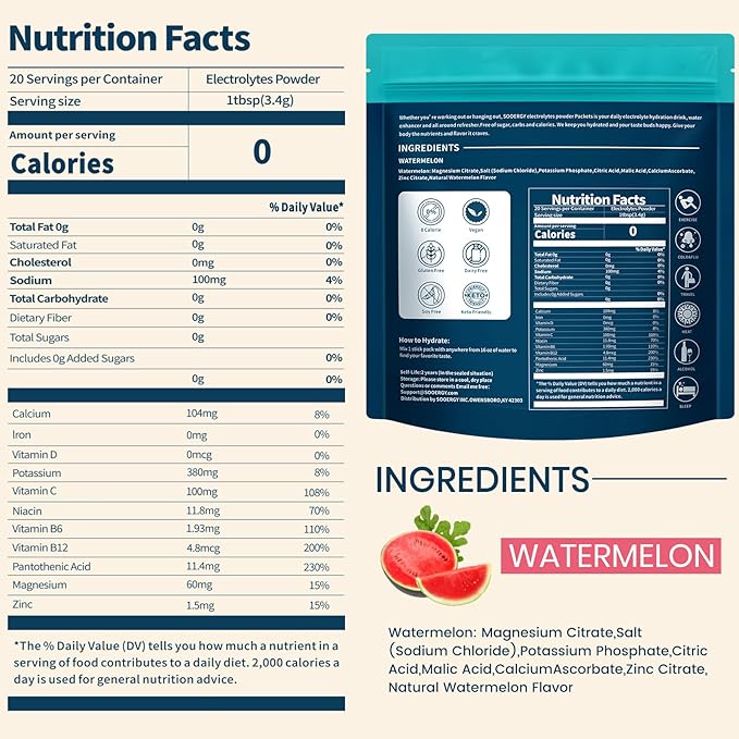 Electrolytes Powder Packets Sugar Free Hydration Packets, Liquid Daily IV Electrolyte Drink Mixex for Rehydration with Electrolytes, Vitamins, 0 Calorie, Watermelon Flavor, 20 Sticks