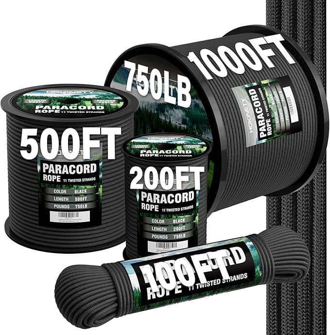 Paracord Rope 750 - Parachute para Cord 4mm 11 Strand Spool Rope Utility Nylon String for Outdoor Camping Survival Utility Tent Crafting DIY Projects - Black 1000ft