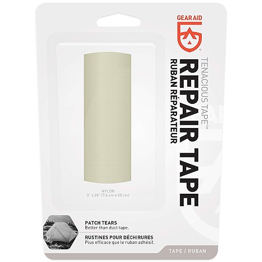 GEAR AID Tenacious Tape 3” x 20” Ripstop Fabric Gear Repair Tape, Fix Holes and Rips in Puffy Jackets, Rain Gear, Tents, Sleeping Bags and Outdoor Equipment, Off-White, 1 Roll