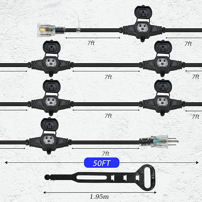 50FT 16 Gauge Outdoor Extension Cord,7 Spaced Outlet Cable.Multi Outdoor Evenly-Spaced Plugs,Power Cord Splitter,Ideal for Holiday Decoration and Christmas Light,ETL Listed