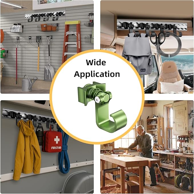 4 Pack L Track Hooks with Single Stud Fitting, Spring-Loaded Adjustable Gear Hook, Aluminum L Track Accessories for Trailer, Truck, Garage, Tie Down System, 100LBS Max Load Capacity – Green