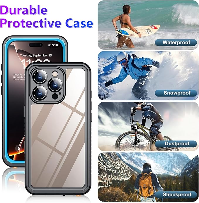 Temdan Compatible with iPhone 16 Pro Max Case Waterproof, Built-in Screen & Camera Protector IP68 Underwater Full Body 16FT Military Dropproof Shockproof Phone Case 6.9"-Blue/Clear