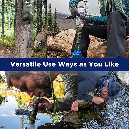 Membrane Solutions Gravity Water Filter Pro 6L, NSF/ANSI 42&372&401 Certified, 0.1 μm Versatile Water Purifier Camping with Adjustable Tree Strap Storage Bag, Survival Gear for Emergency(Camo)