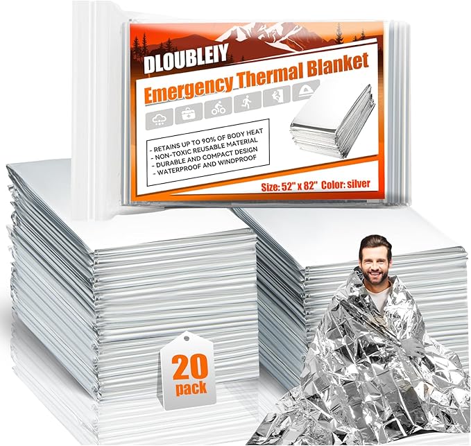 20-Pack Emergency Thermal Blankets, Heavy Duty Mylar Space Blanket with Ultimate Body Heat Retention for Camping Survival Kit, Car Emergency and Hiking, Waterproof & Windproof