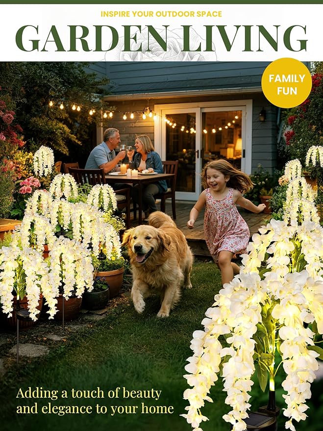 GIGALUMI Solar Lights Outdoor for Garden Decor, 2 Pack Solar Flower Lights Waterproof, 2 Lighting Modes Wisteria for Pathway,Yard, Patio Decoration, Gardening Gifts for Women (White)