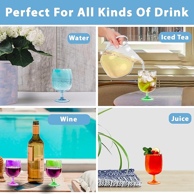 Lily's Home Unbreakable Plastic Wine Glasses Set of 8, 12 oz Shatterproof Stackable Tumblers, Reusable BPA Free Goblets for Party, Picnic, Camping, and Outdoor Use. Made in Taiwan(Multicolor)