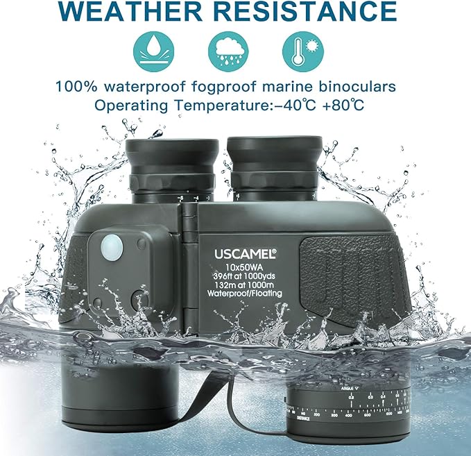 USCAMEL 10X50 Marine Binoculars for Adults with Rangefinder Compass, Waterproof Marine Binoculars for Sailing Boating Fishing