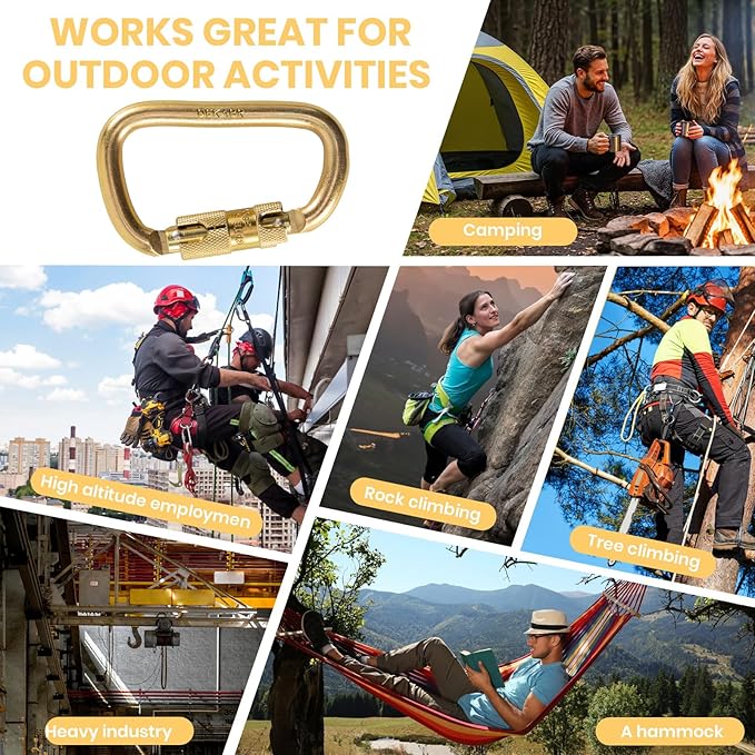 DEKABR Carabiner Heavy Duty, 45KN Twist Lock Steel Auto Locking Climbing Carabiner for Rock and Tree Climbing, Camping, Rappelling, Rescue and Mountaineering – ANAB Certified, Large, Gold