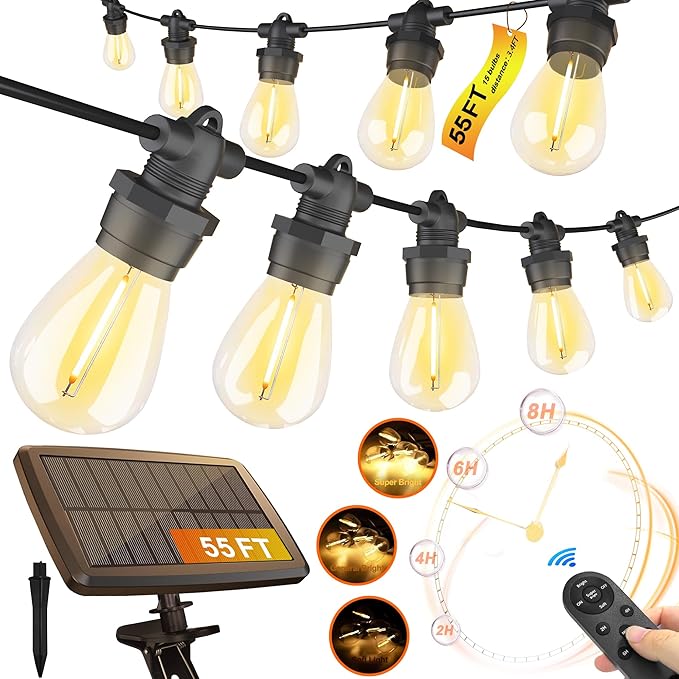 Stright 55FT Solar String Lights Outside Waterproof Remote Control with USB Charging Port Dimmable E12 S14 Bulbs, 55 Feet 15 Lamp Outdoor Solar Power LED Bulbs for Patio Garden Market Bistro Backyard