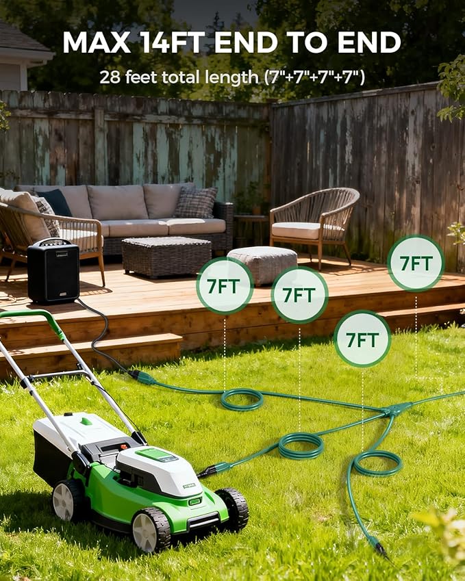 28 Ft Outdoor Power Cord, 1 to 3 Splitter Heavy Duty Weatherproof Extension Cord, 16/3 SJTW, 3 Grounded Outlets Flat Plug for Patio, Garden Displays, Lights, Green ﻿