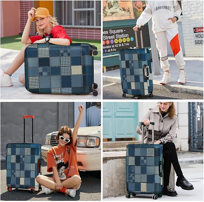 ANNA QUEEN Blue Patchwork Luggage Cover, Modern Grid Suitcase Protector, Stretchable Washable Cover for 24-26 Inch Luggage