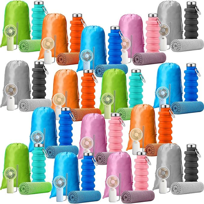 16 Set Theme Park Necessities Cruise Ship Accessory Kit Collapsible Water Bottle Cooling Towel Fan Drawstring Bag for Summer Amusement Park Outdoor Team Travel Cruise Gift Fitness Sport Favor