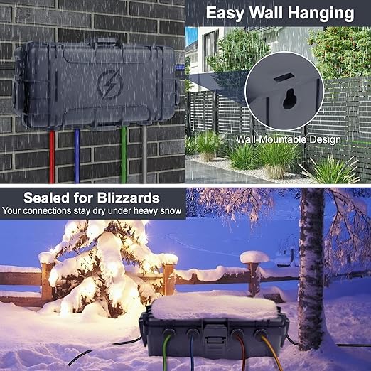 Medium Outdoor Electrical Box (11.6x5.2x4.1 inch), IP54 Waterproof Extension Cord Cover w/ 6 Cable Entry, Weatherproof Connection Box for Power Strip, Plug, Timer, Holiday Lights, Gray