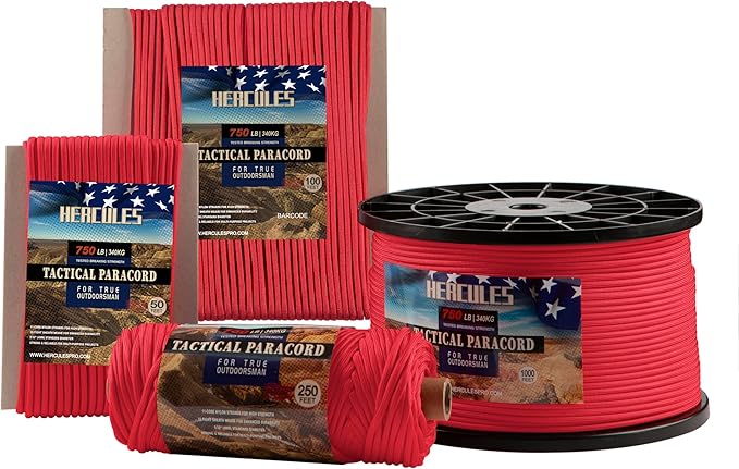 HERCULES 750lb Paracord 4mm 11 Strands Tactical Parachute Cord, 50' 100' 250' 1000' Utility Rope for Camping, Survival, Outdoor Gear (Imperial Red, 100FT)
