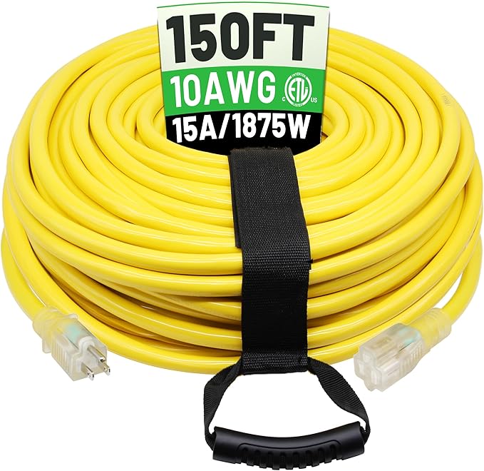 POWGRN 150 Ft 10AWG Outdoor Extension Cord Waterproof Heavy Duty 10 Gauge, Flexible Cold-Resistant Long Power Cord Outside with Lighted Indicator End, 15Amp 1875W SJTW Yellow ETL Listed