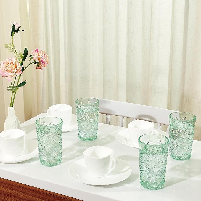 CREATIVELAND Drinking Highball Glasses Set of 4, Vintage Cross Hatch Glass Cups, 15.5oz Tall Drinking Water Glasses, Dishwasher Safe Green Glass Tumbler Glassware for Water, Juice, Cocktail, Coffee