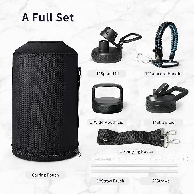Trebo 1 Gallon(128oz) Water Bottle Insulated with Paracord Handle and Straw,Vacuum Triple Wall Stainless Steel Large Jug Keep Cold 48 Hours, Leakproof & BPA Free for Men Gym/Hiking/Camping, Cyan Blue