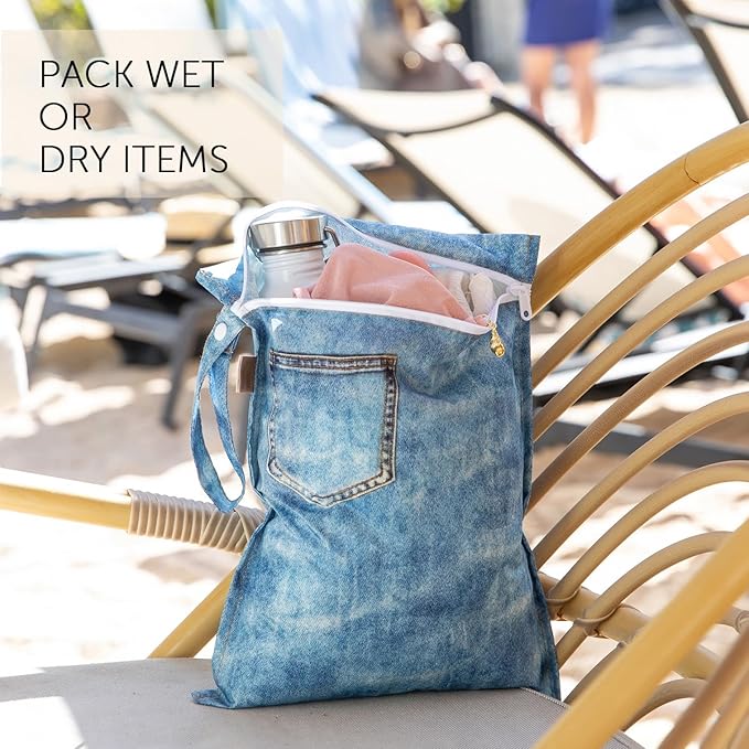 Bumkins Roamio Waterproof Wet Bag for Baby, Travel, Swim Suit, Cloth Diapers, Pump Parts, Pool, Beach, Gym Clothes, Toiletry, Hook to Stroller, Daycare, Zipper Wetdry Packing Pouch, Faux Pocket Denim