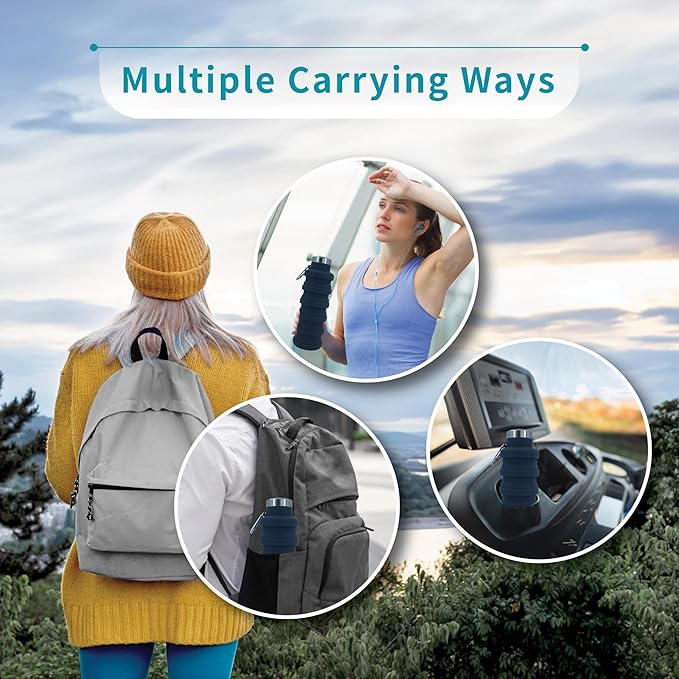 Collapsible Water Bottles 24oz, Odorless BPA-Free Silicone, Leak-Proof Foldable Reusable Bottle - Perfect for Travel Sports Gym Hiking Camping Cycling - Dark Gray