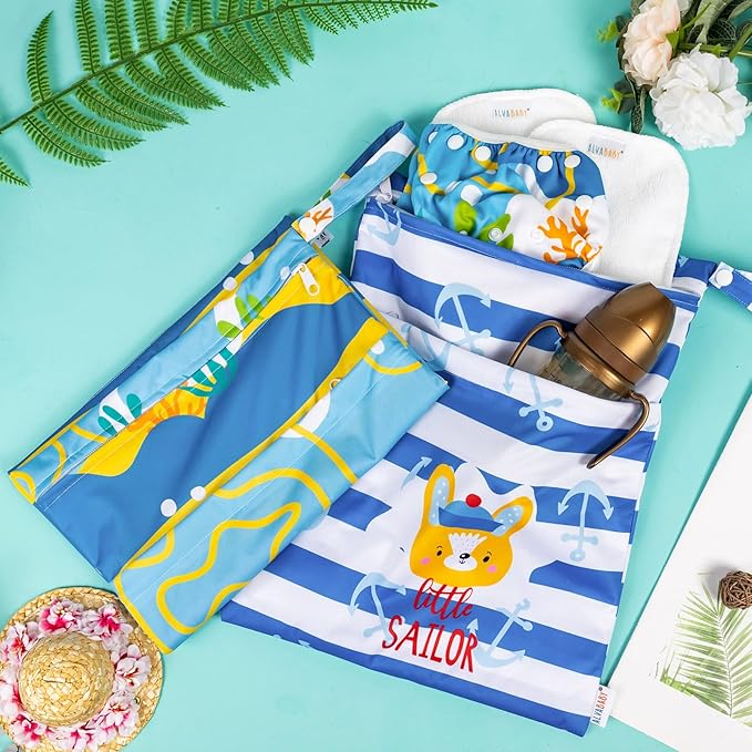ALVABABY 2pcs Waterproof Wet Dry Bags,Reusable with Two Zippered Pockets,Baby Cloth Diaper,Travel,Beach,Pool,Daycare,Soiled Baby Items,Yoga Gym Bag,Swimsuits or Wet Clothes LW-SWDBS9394