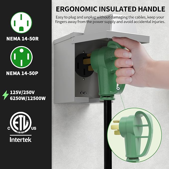 POWGRN NEMA 14-50P to NEMA 14-50R 50 Amp RV/EV Extension Cord 75 FT Outdoor with Grip Handle, Flexible Heavy Duty RV Power Cord Waterproof, 50A 125/250V 6250/12500W STW, Black-Green, ETL Listed