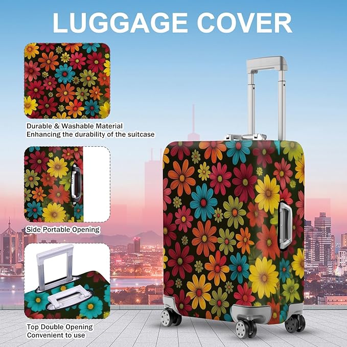 ANNA QUEEN Colorful Flower Luggage Cover, Retro Floral Suitcase Protector, Stretchable Washable Cover for 28-30 Inch Luggage