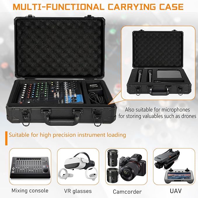 15 Inch Aluminum Carrying Case 15 X 11 X 4.3 Inch Ideal for Microphone & Camera Gear Transportation, DJ Mixer Case with Customizable Pre-Diced Foam, Black