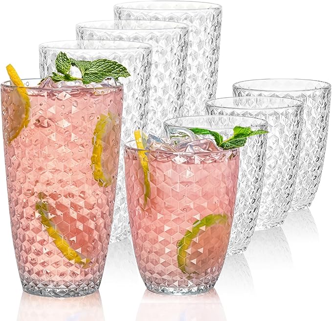 BELLAFORTE Shatterproof Plastic Tumbler Set – Laguna Beach 19oz Tall & 12oz Short Drinking Glasses – Unbreakable Stackable Drinkware for Indoor Outdoor, Dishwasher Safe, BPA Free (Clear, 8)