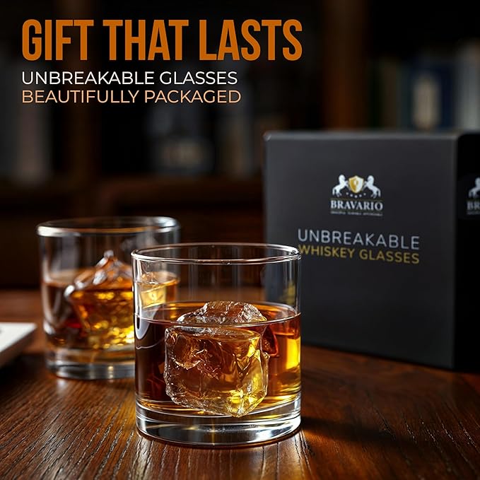 Bravario Unbreakable Whiskey Glasses, Plastic Rocks Glasses — 12.5 oz Clear Dishwasher Safe Tritan Old Fashioned Drinkware, Shatterproof BPA-Free Bourbon Cocktail Set of 4