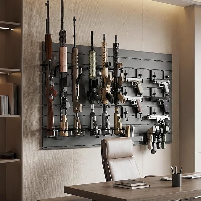 Wall Rack System - Aluminium Heavy-Duty Tactical Storage for Rifles, Carbines, Shotguns & Handguns, Modular Slatwall Organizer Holds up to 6 Rifles, 10 Pistols & 4 Mags