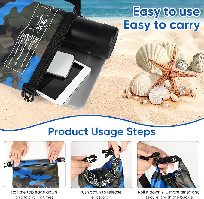 Waterproof Dry Bag 5L/10L/15L/20L/30L Roll Top Dry Storage Backpack with Phone Case, Collapsible Water Bottle, Sunglasses, Ear Band for Kayaking Boating Swimming Fishing Camping, Blue 5L