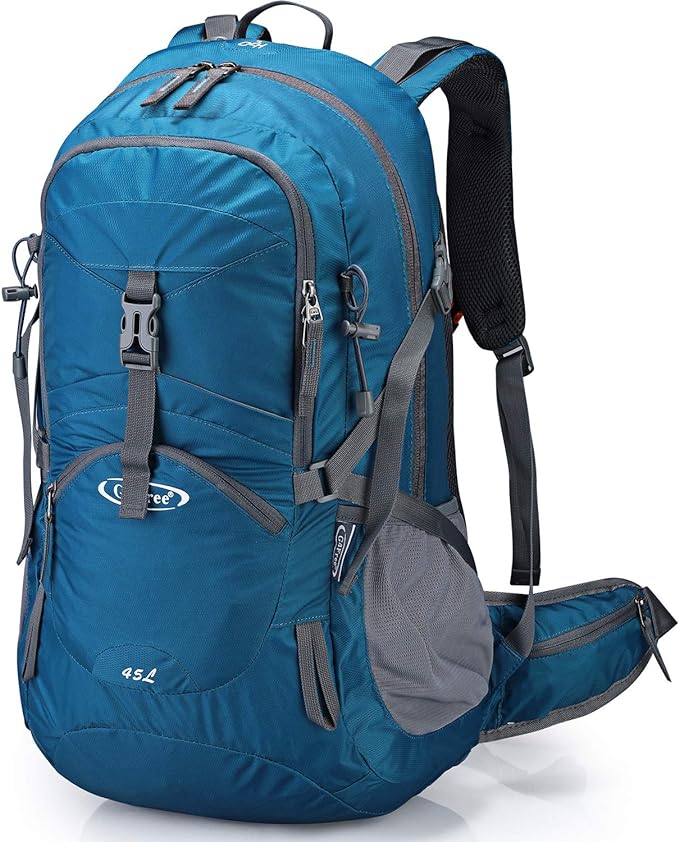 G4Free 45L Hiking Travel Backpack Waterproof with Rain Cover, Outdoor Camping Daypack for Men Women (Grey Blue)