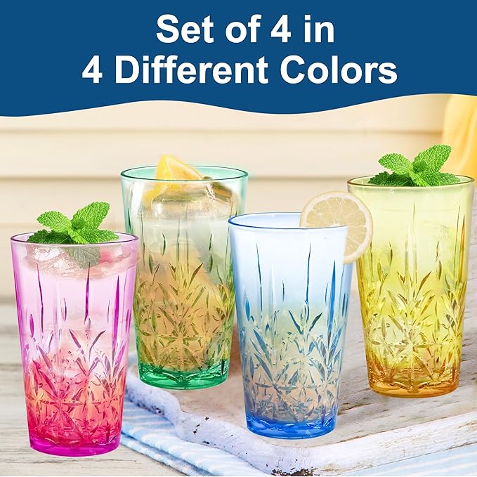 Lily's Home 18oz Unbreakable Premium Drinking Tumblers Set of 4, BPA-Free Dishwasher-Safe Stackable Cups, Crystal HighBall Glasses, Reusable Drinkware for Indoor & Outdoor Use, Made in Taiwan.