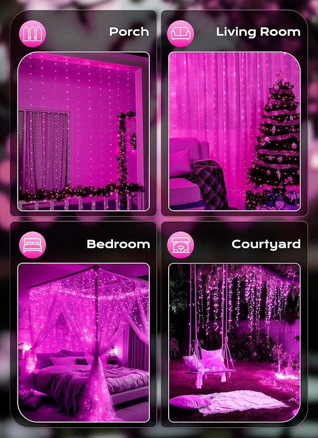 Brightown 300 LED Pink Fairy Curtain Lights, 9.8ft x 9.8ft String Lights, USB Plug in 8 Lighting Modes Christmas String Hanging Lights with Remote for Bedroom Indoor Outdoor Party Xmas Pink 1 Pack