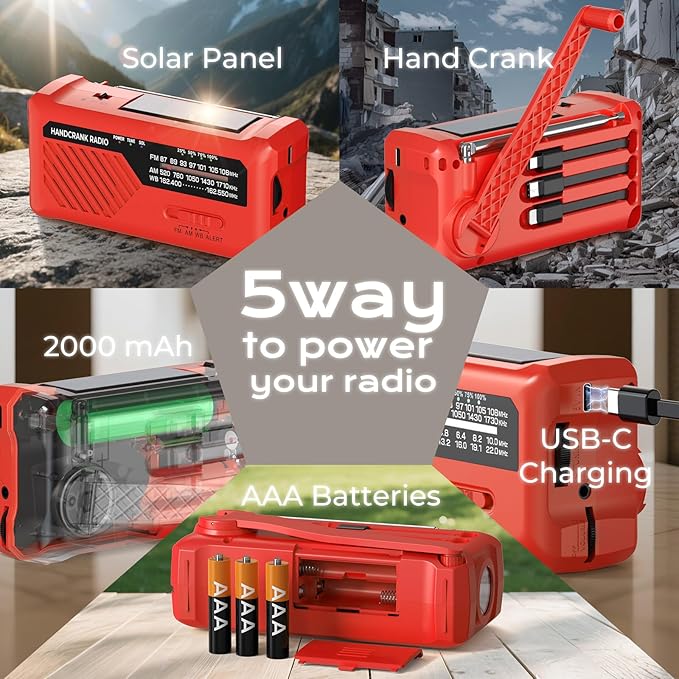 PRUNUS J-366 Emergency Radio with 3 Charging Cables, NOAA Weather Alert, 7400mWh/Solar/Hand Crank/USB-C Charging, Battery Operated, WB/AM/FM, SOS Alarm, Flashlight, Compact for Bag, NOAA Radio