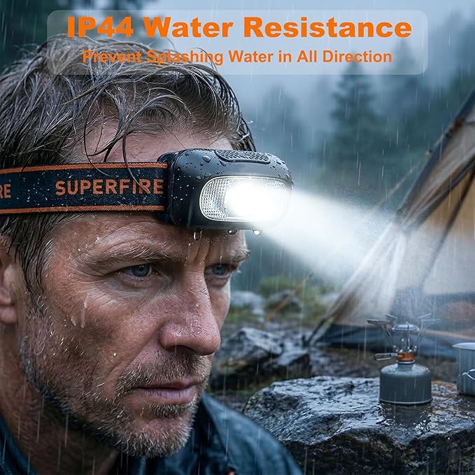 SuperFire Rechargeable Headlamp, 1.76 oz Ultra-Lightweight LED Running Headlamp with Red Flashing Light, Wide Beam, Zero-Bounce, 8H Runtime, IP44 Waterproof for Night Running, Hiking, Camping