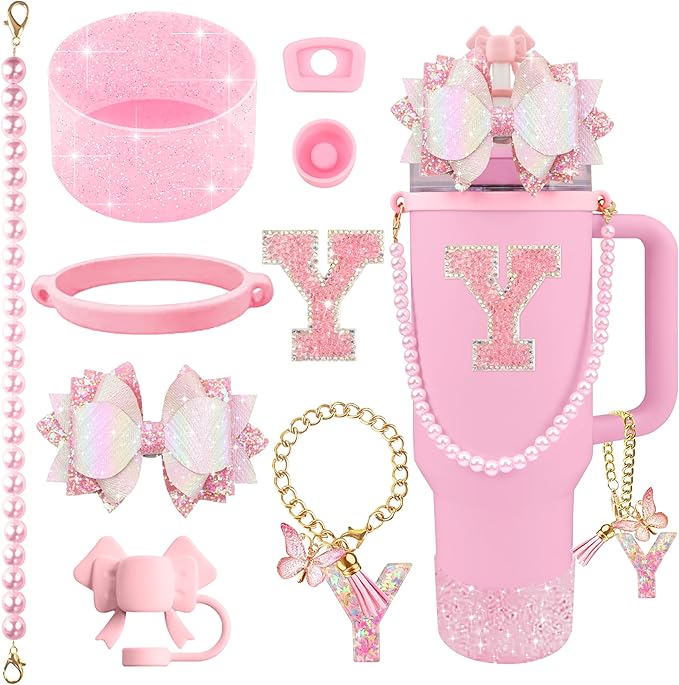 9PCS Pink for Stanley Cup Accessories Set Bling Initials Bow Charms for Stanley Decorations 30/40 Oz Tumbler Accessories Including Bow Straw Topper, Handle Strap, Spill Stopper（Letter Y）
