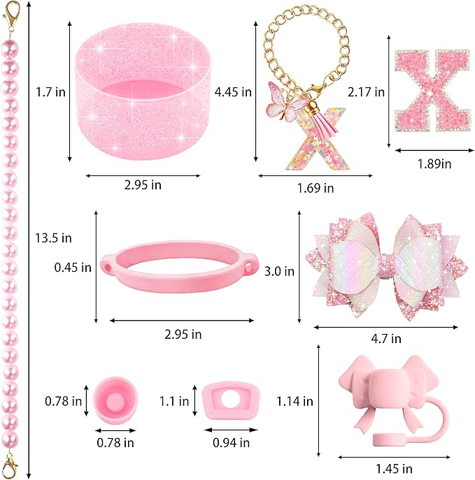 9PCS Pink for Stanley Cup Accessories Set Bling Initials Bow Charms for Stanley Decorations 30/40 Oz Tumbler Accessories Including Bow Straw Topper, Handle Strap, Spill Stopper（Letter X）