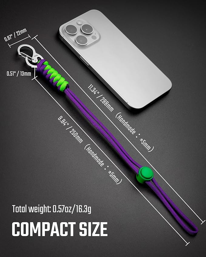 KeyUnity KC01 Braided Paracord Carabiner with Cord Lock, Keychain Phone Camera Bag Wrist Hand Strap for Daily & Outdoor